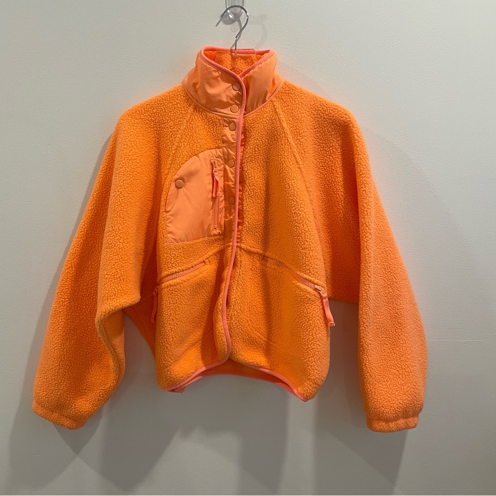 Free People Movement Hit The Slopes Neon Orange Fleece Sherpa Cropped Jacket